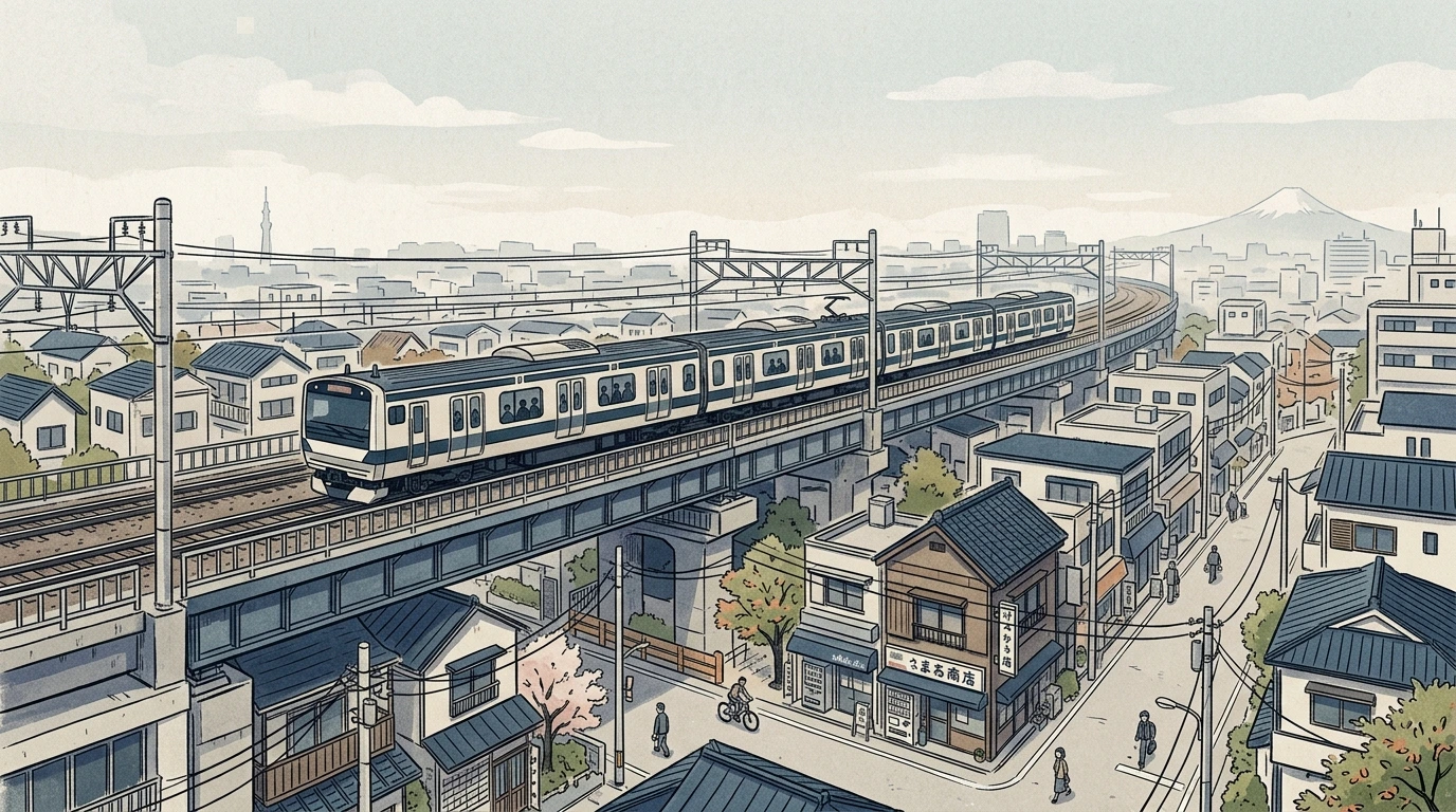 Train de la ligne Yamanote traversant un quartier de Tokyo