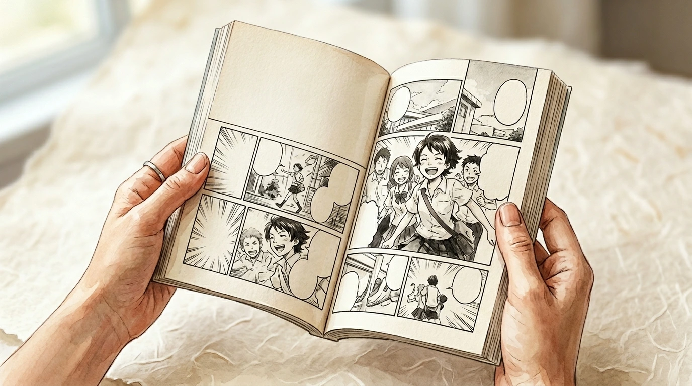 Lecture d'un manga, gros plan sur les pages ouvertes