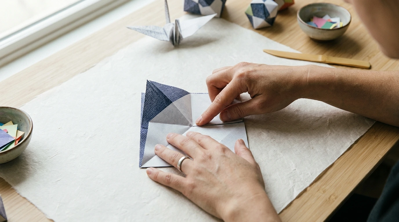 Mains pliant une feuille de papier origami