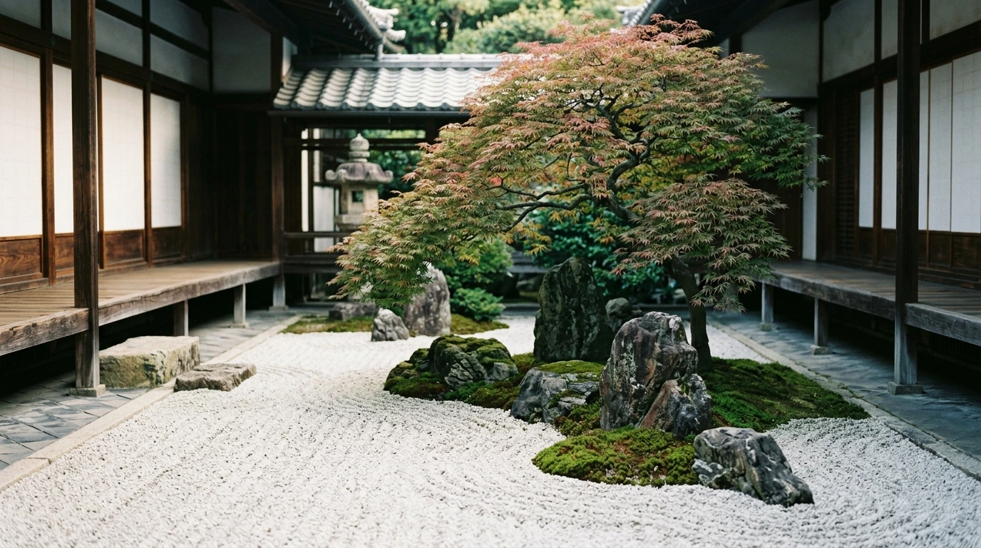Jardin japonais avec gravier ratissé et pierres