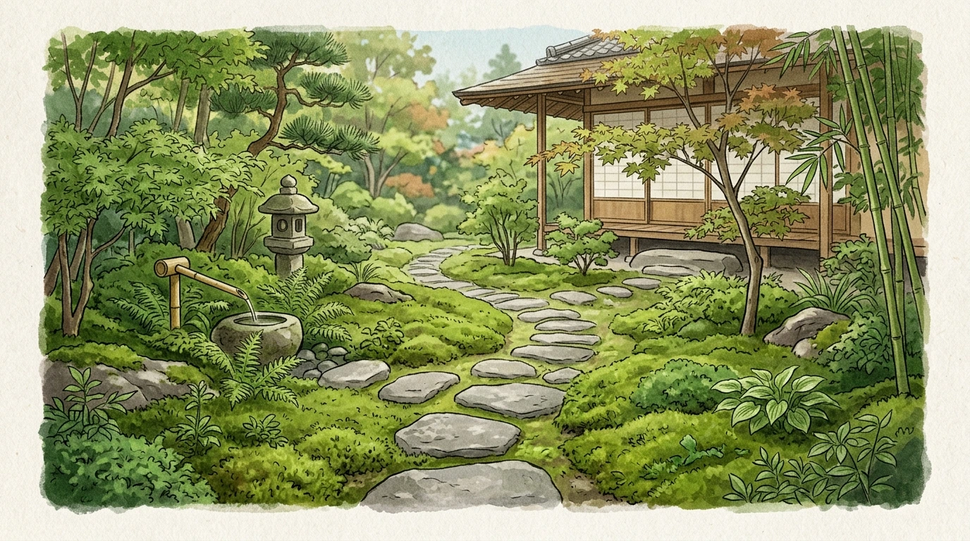 Pas japonais en pierre traversant un jardin de mousse