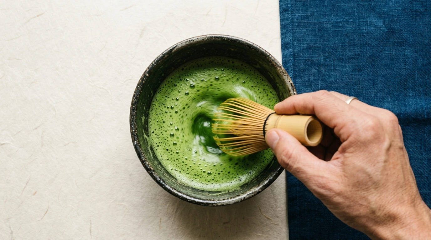 Préparation du matcha au fouet chasen dans un bol