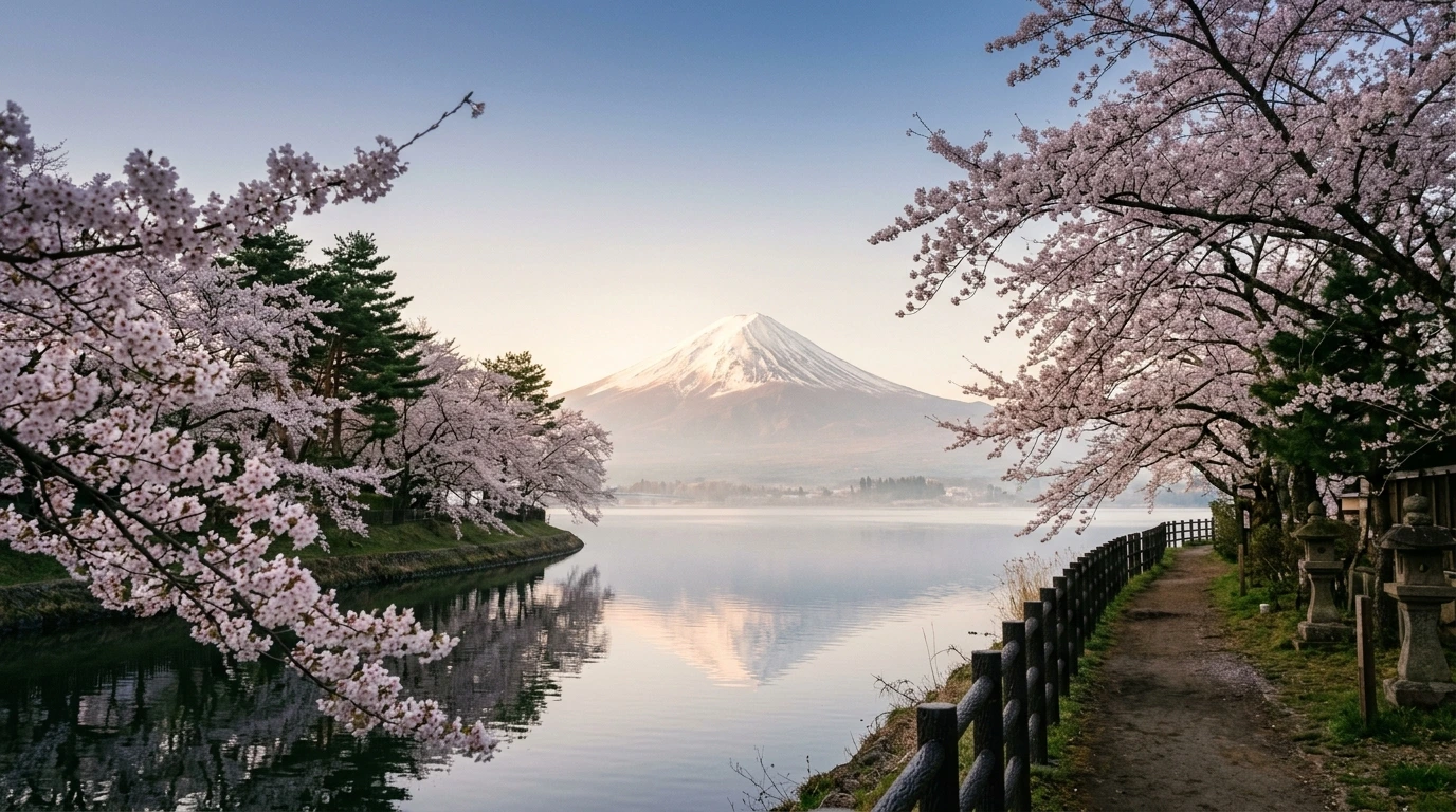 Le majestueux Mont Fuji et des cerisiers roses sakura en fleurs le long de la rivière limpide