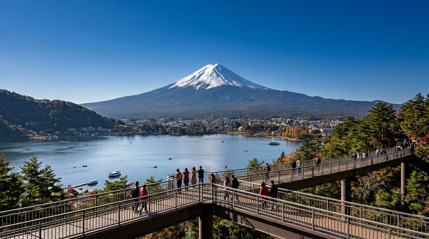 Pont aérien de Kawaguchiko face au Mont Fuji enneigé sous un ciel pur