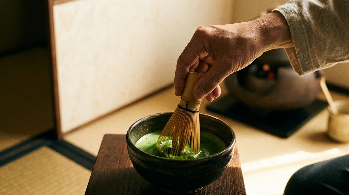 Cérémonie rituelle du thé matcha japonaise préparé avec attention