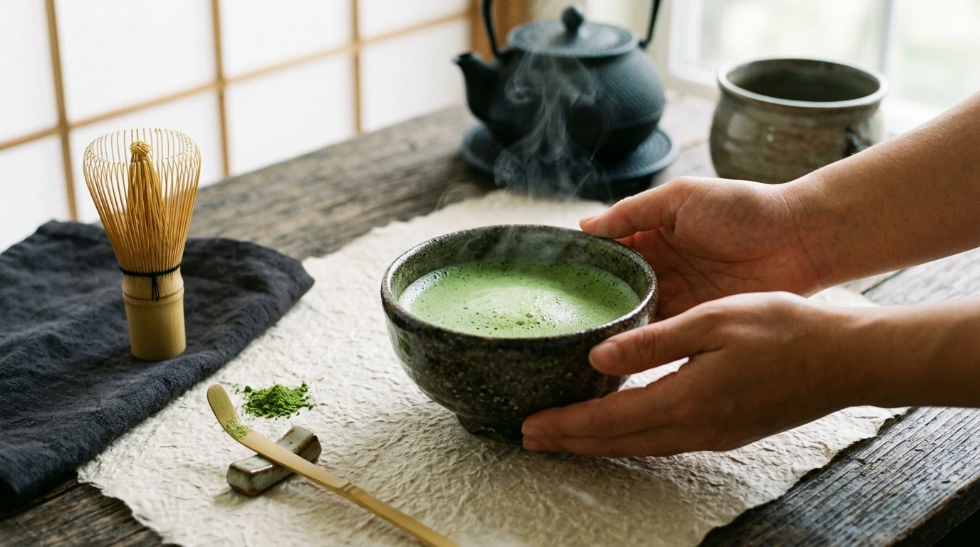 Preparation méticuleuse de thé vert matcha fumant dans un bol en grès