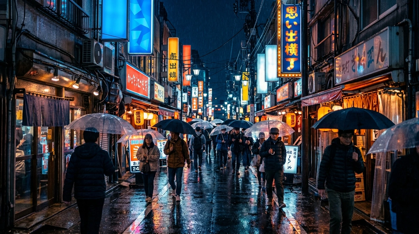 Ruelles étroites et animées éclairées de néons multicolores un soir de pluie à Shinjuku Tokyo