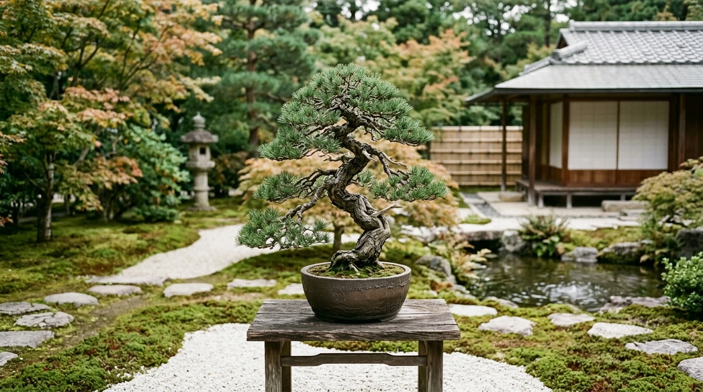 Jardin japonais traditionnel avec d'immenses arbres bonsaïs d'extérieur sculptés