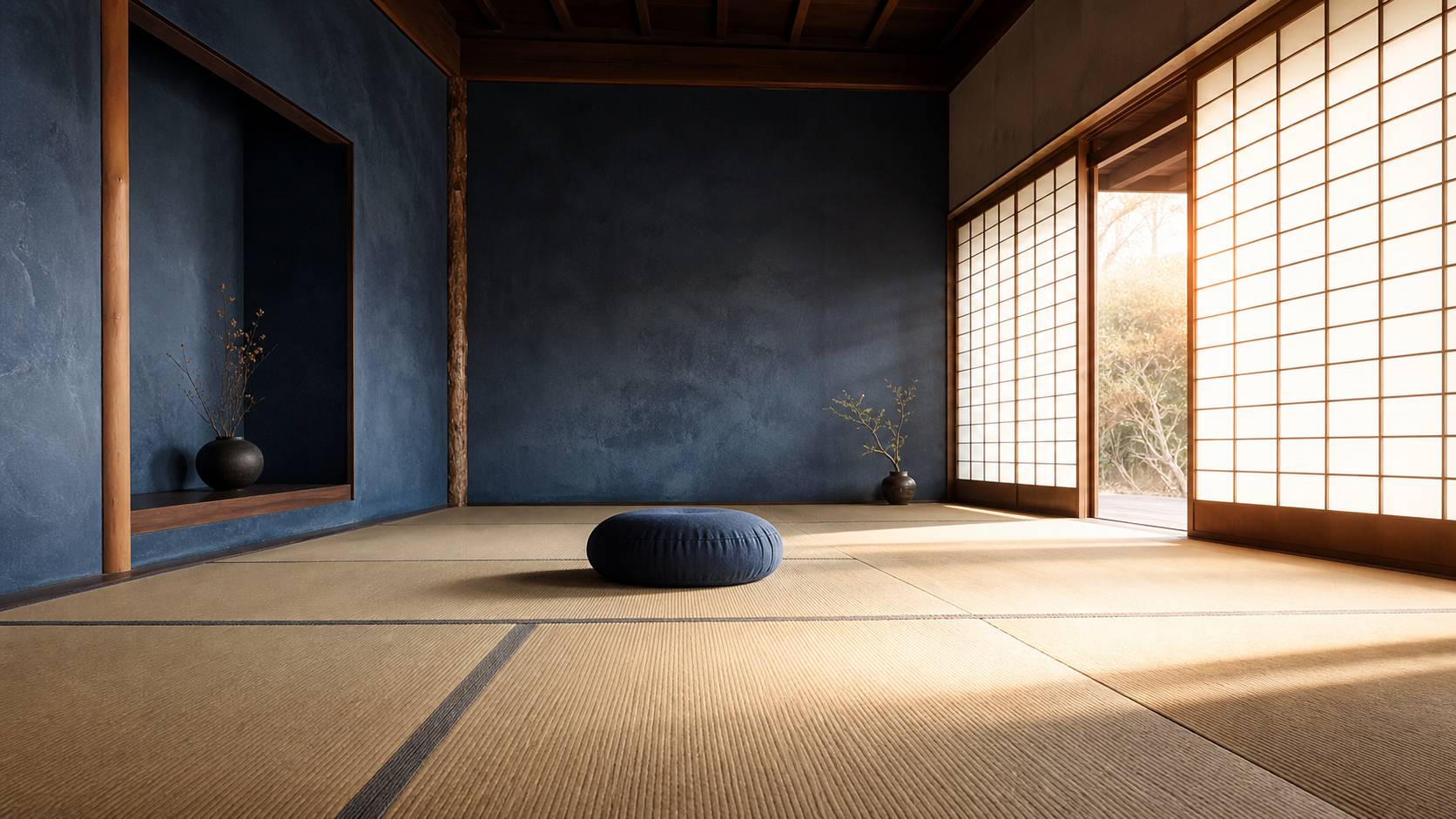 Personne assise en lotus sur zafu dans pièce tatami baignée de lumière dorée