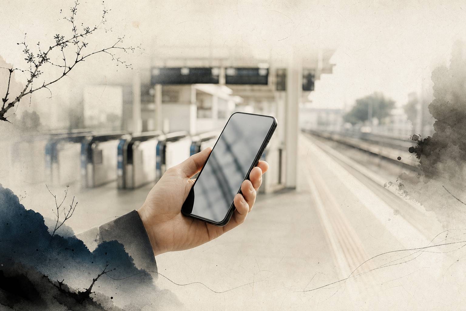 Main tenant un smartphone dans une gare japonaise générique