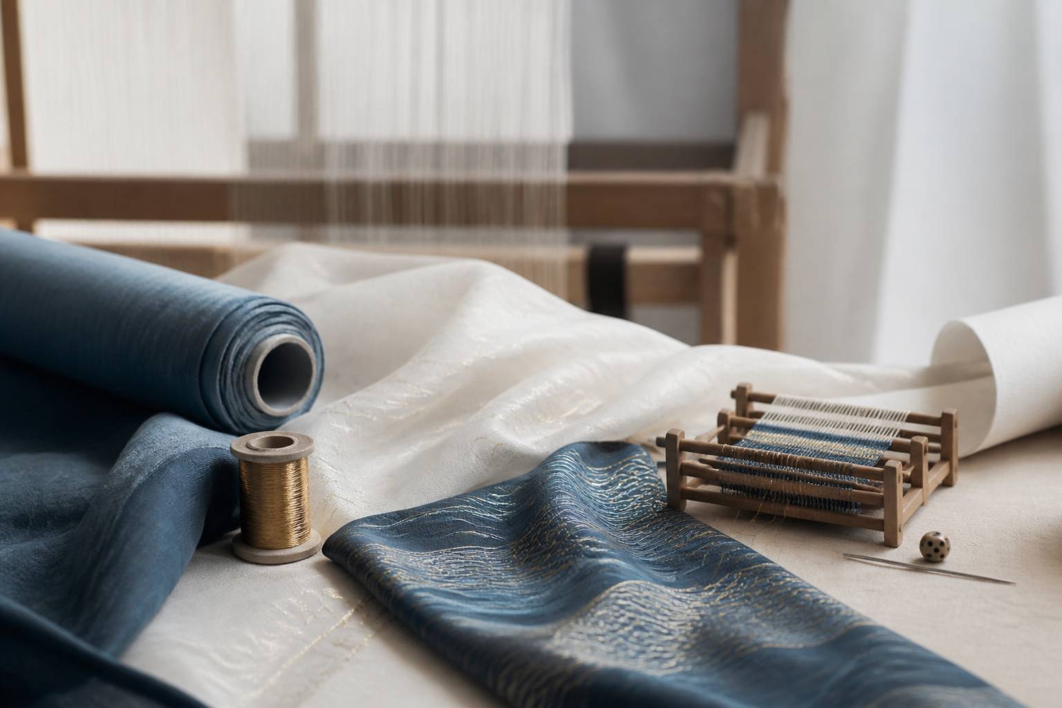 Rouleaux de soie indigo avec motifs de vagues stylisés dans un atelier textile