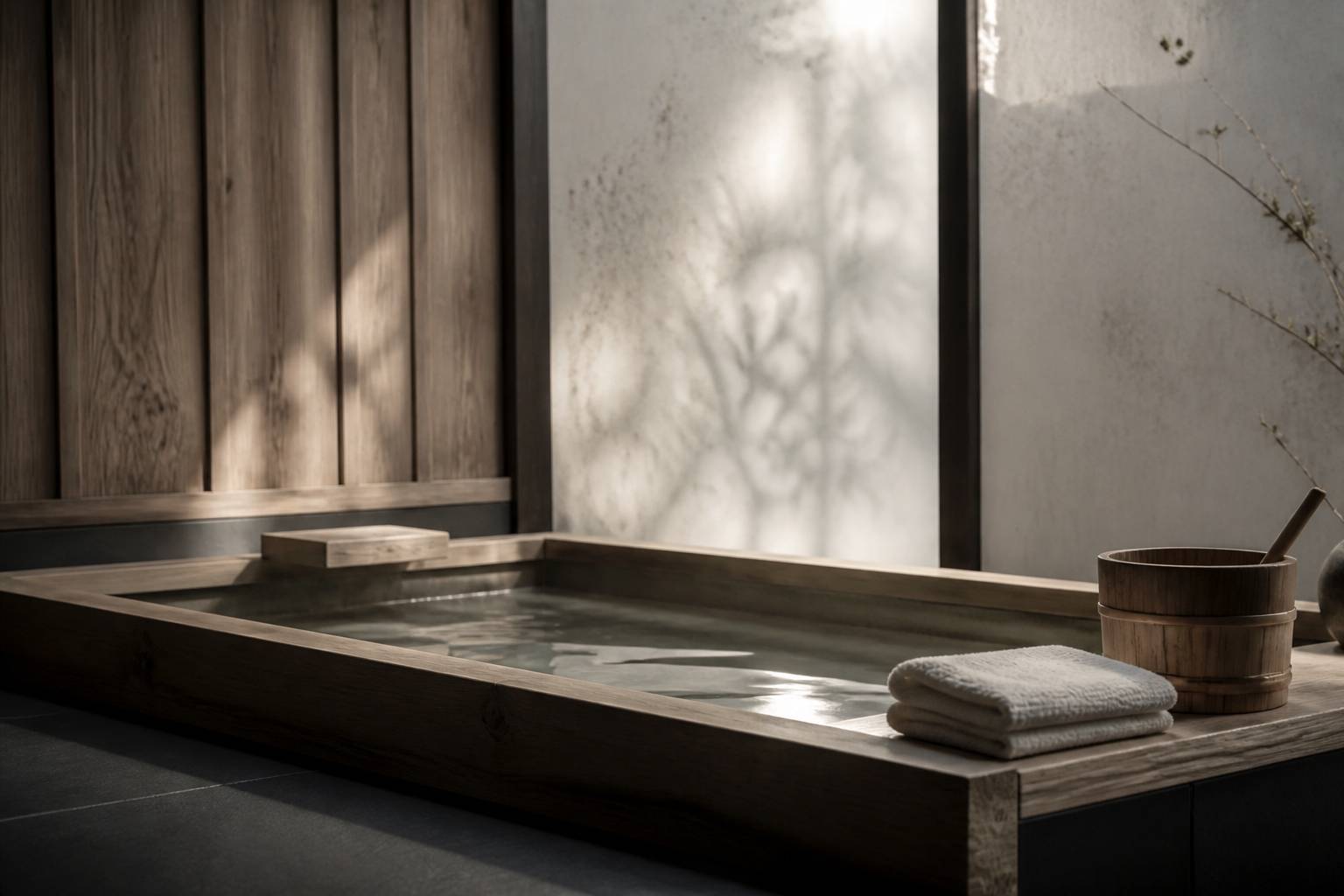 Petit bain en bois de cyprès dans un espace onsen intime