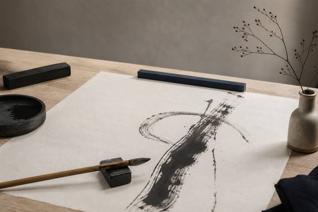 Atelier de calligraphie japonaise shodō avec pinceau en bambou, pierre à encre et papier washi