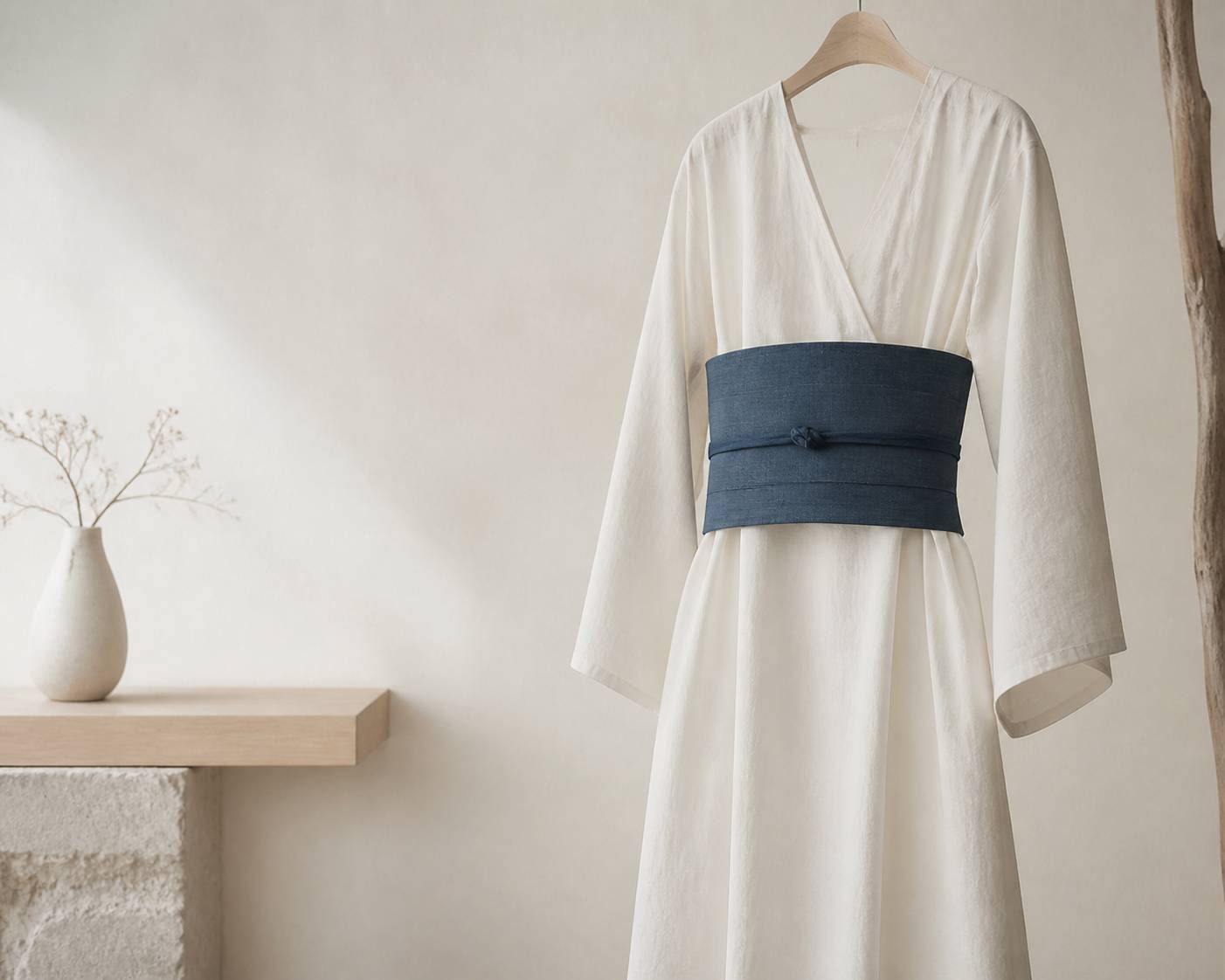 Ceinture obi moderne structurant une robe suspendue à un cintre