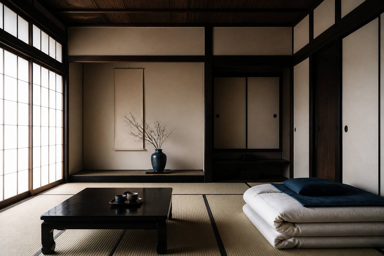 Chambre japonaise avec tatami, futon plié et portes en papier de riz