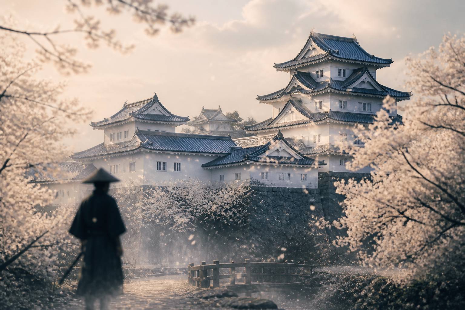 Château japonais générique entouré de cerisiers en fleurs avec toits courbes