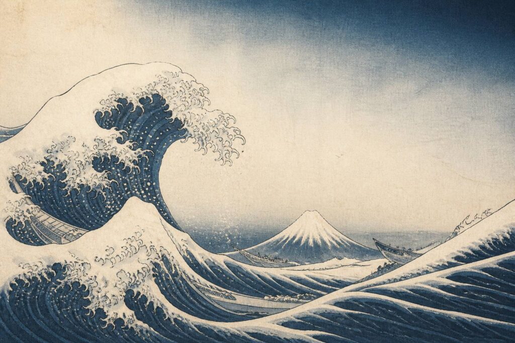 Estampe ukiyo-e avec une grande vague et un volcan enneigé