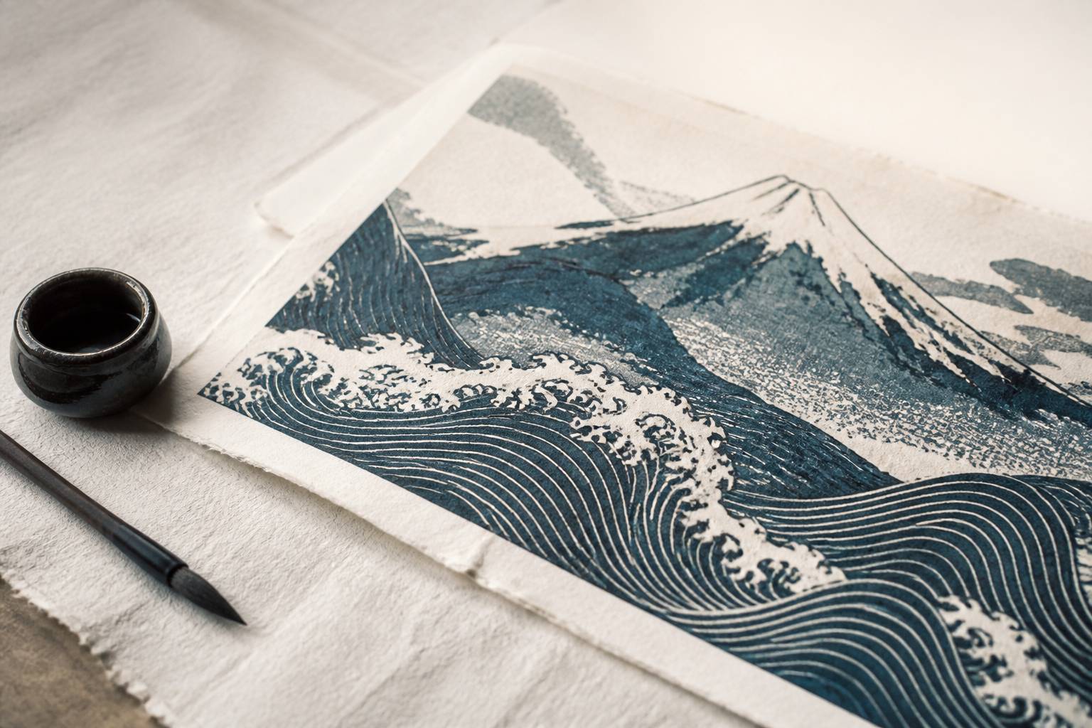 Estampe japonaise avec pinceau et encre sumi sur washi