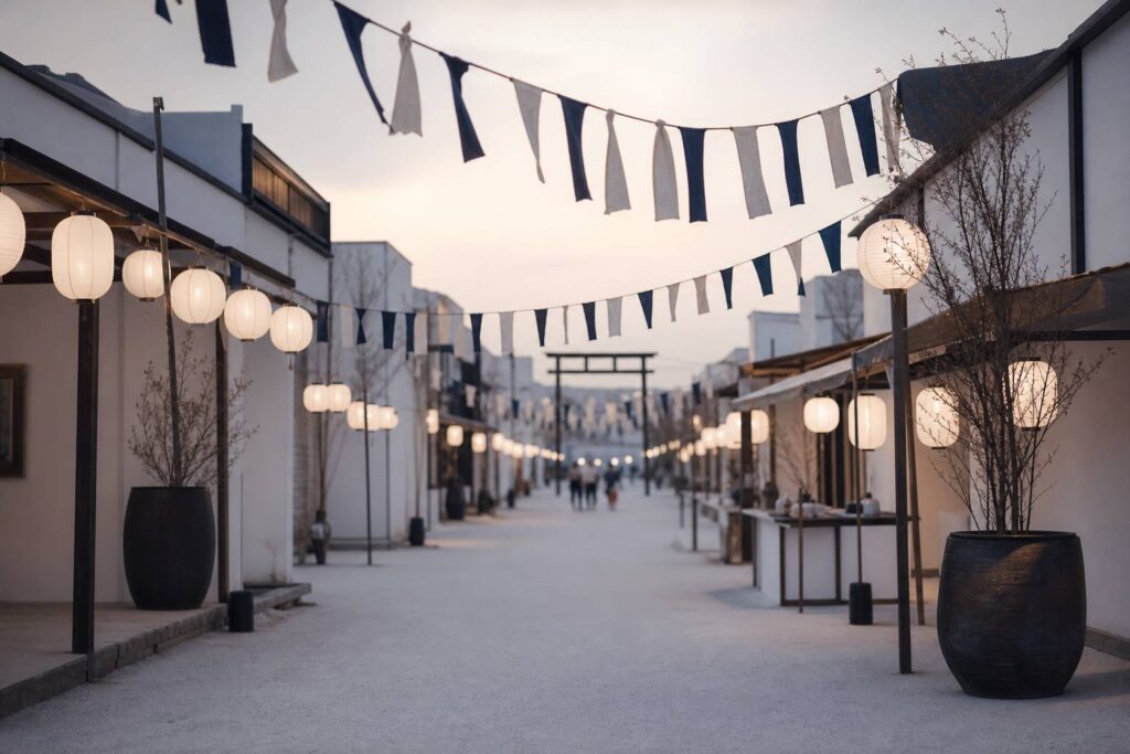 Rue de festival japonais au crépuscule avec lanternes en papier blanches et indigo
