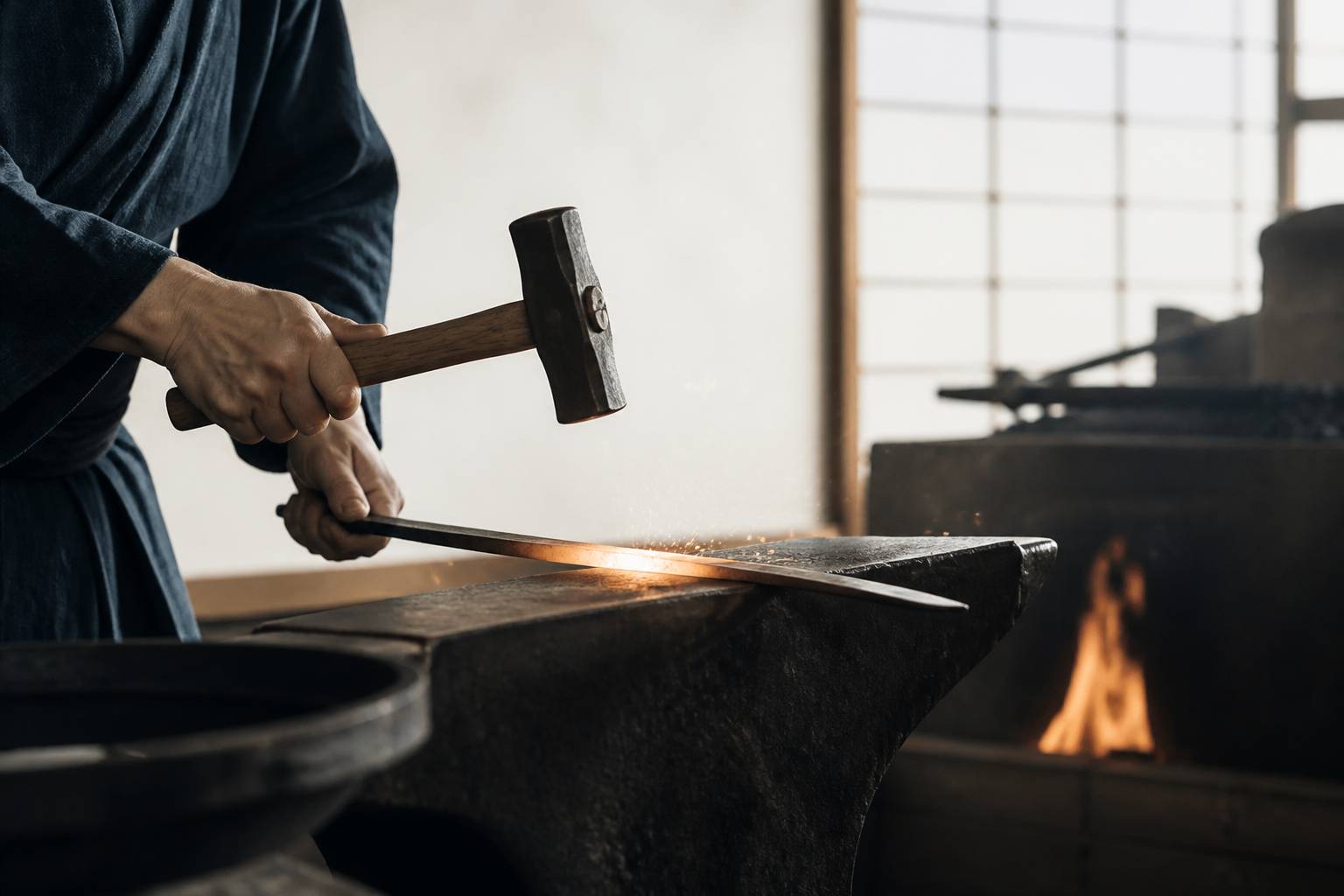Mains de forgeron martelant une lame de sabre sur une enclume