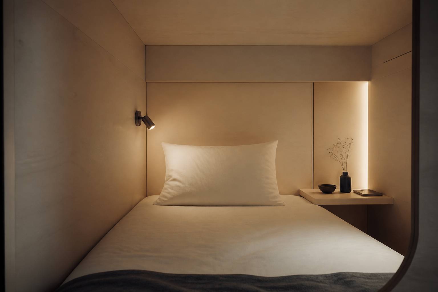 Intérieur cosy d'une capsule d'hôtel avec matelas et lampe de lecture