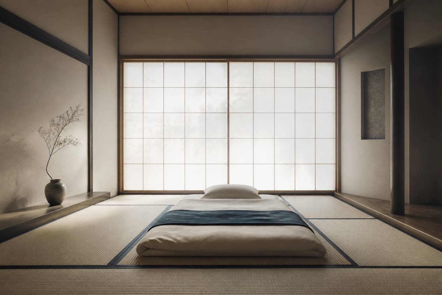 Intérieur épuré de ryokan avec tatami, futon plié et porte en papier washi