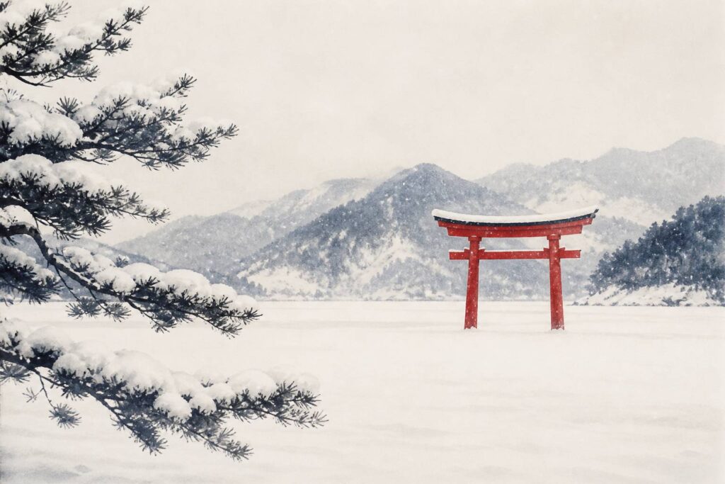 Torii rouge sous la neige dans un paysage montagneux japonais