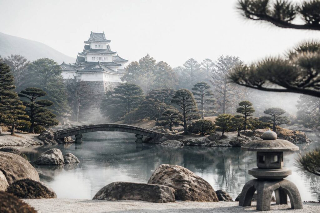 Jardin japonais avec étang, pont de pierre et lanternes face à un château
