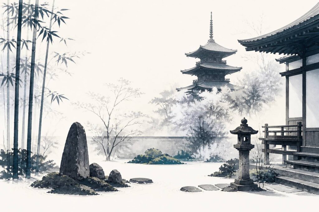 Pagode de temple japonais entourée de jardins de pierres