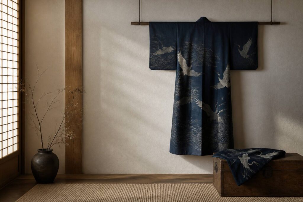 Kimono traditionnel en soie indigo orné de grues et de vagues dans une pièce épurée