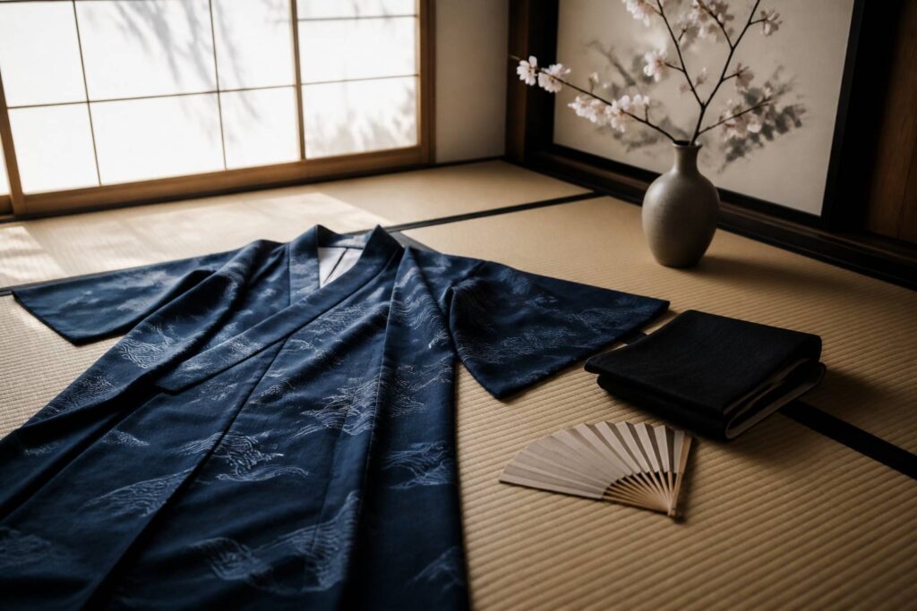 Kimono en soie indigo à motifs de vagues posé sur un tatami avec un obi plié