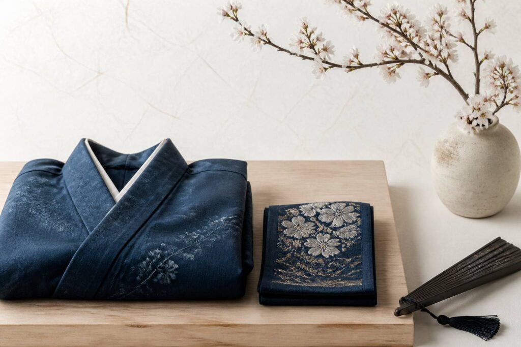 Kimono japonais indigo plié avec obi et branche de cerisier