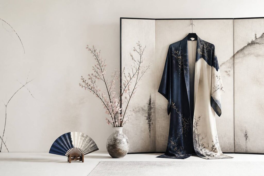 Kimono japonais élégant devant un paravent en papier washi