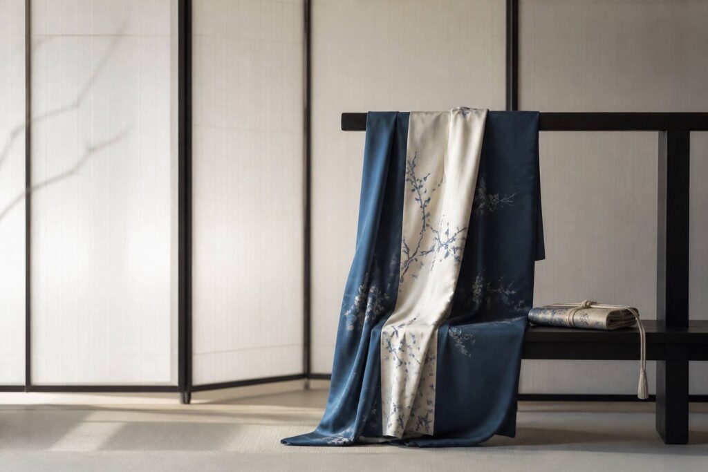 Kimono japonais en soie bleu nuit sur support en bois avec obi