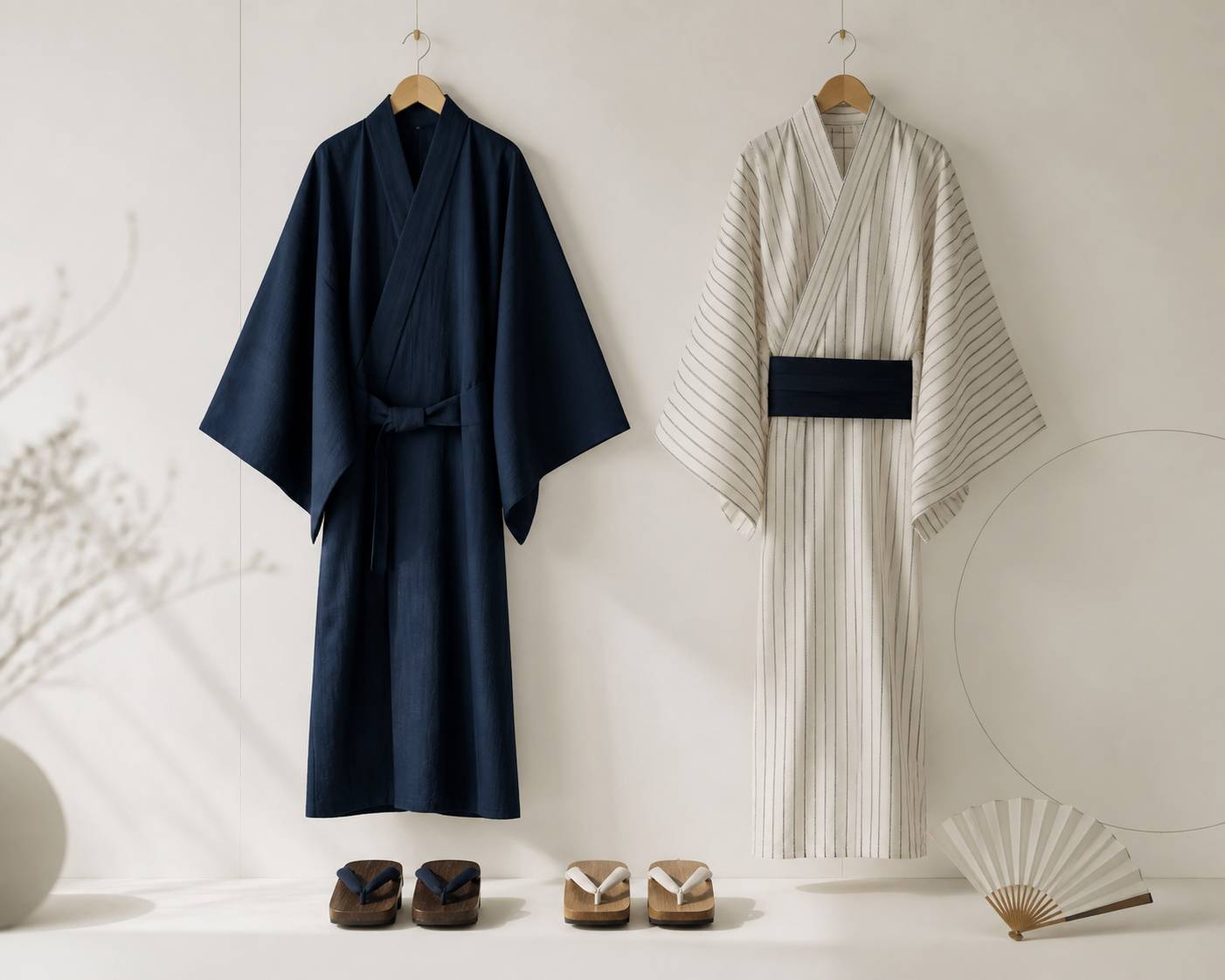 Kimono épais et yukata d'été en coton côte à côte avec sandales geta