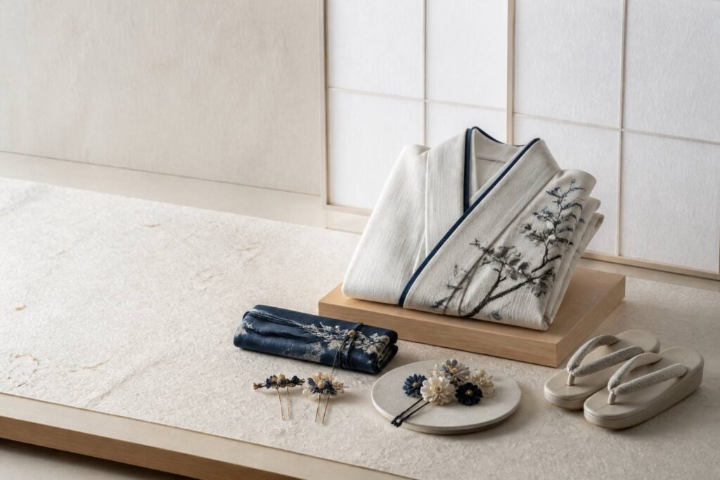 Kimono traditionnel plié avec obi et ornements de coiffure