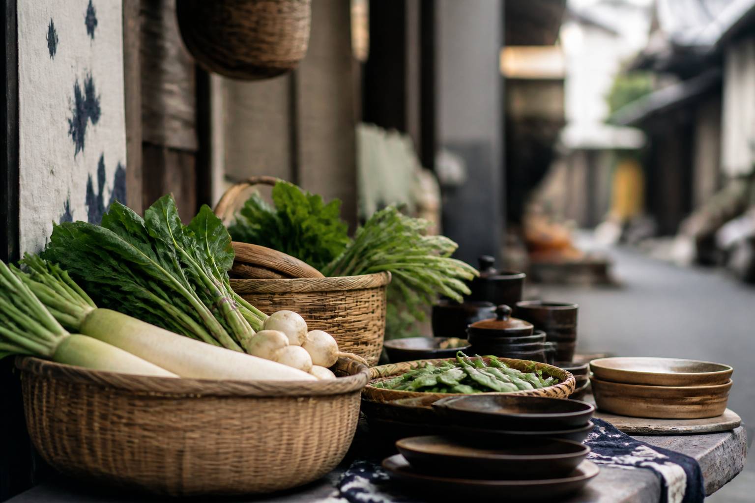 Étals d'un marché matinal avec des légumes et de l'artisanat local sous une lumière douce