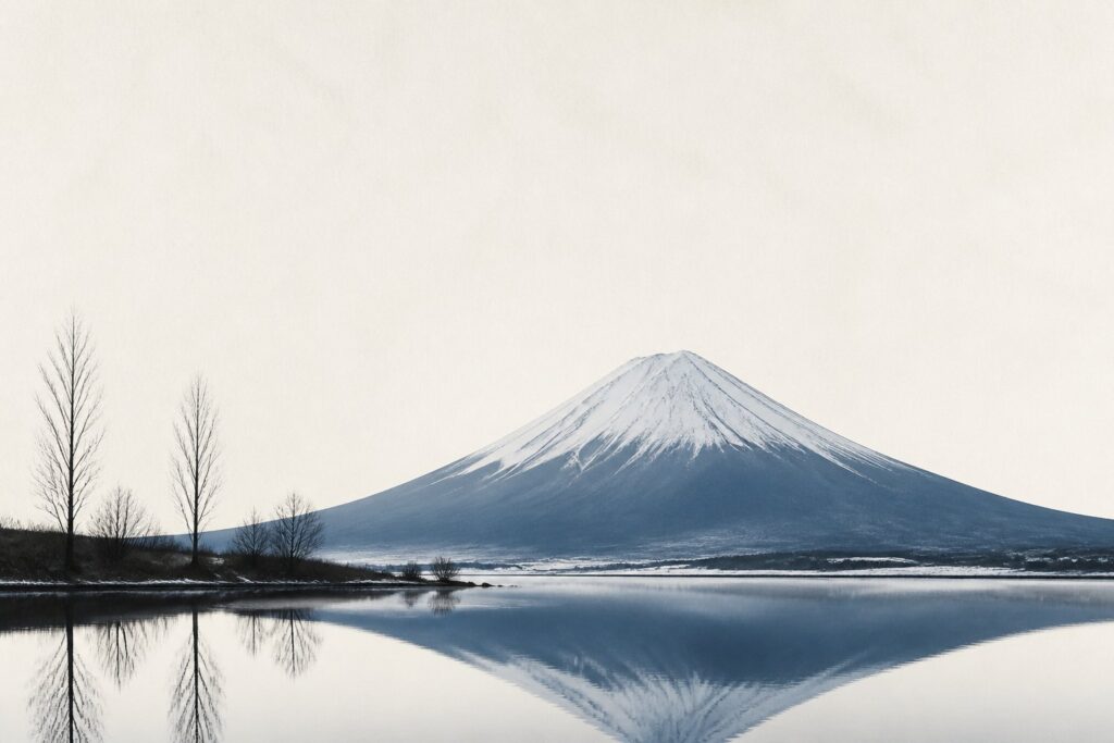 Mont Fuji enneigé se reflétant dans un lac par une matinée d'hiver