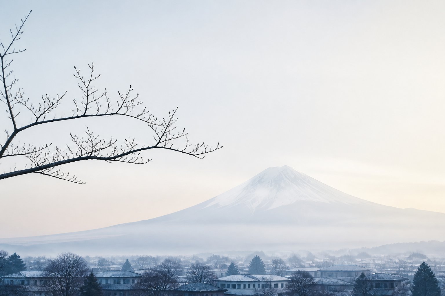 Silhouette lointaine du Mont Fuji au-dessus des toits d'une ville