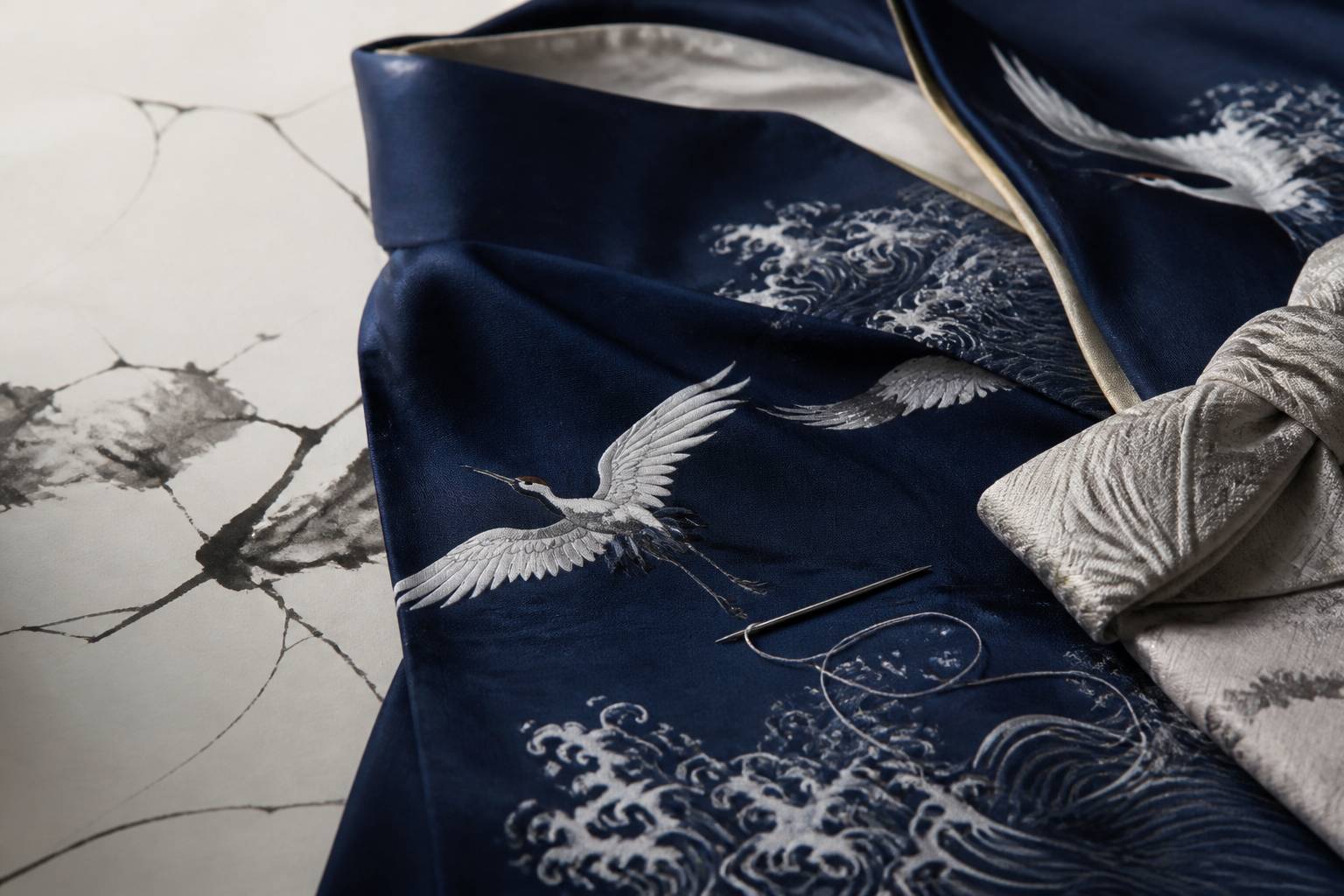 Motifs de vagues et de grues sur un tissu de kimono indigo avec un obi noué