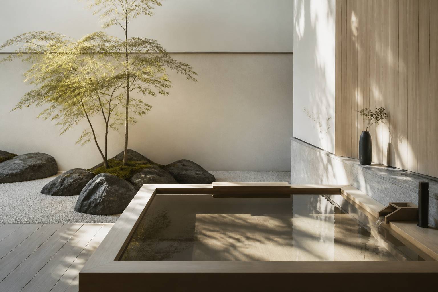 Bain privatif en bois de cèdre entouré de roches et d'un jardin japonais