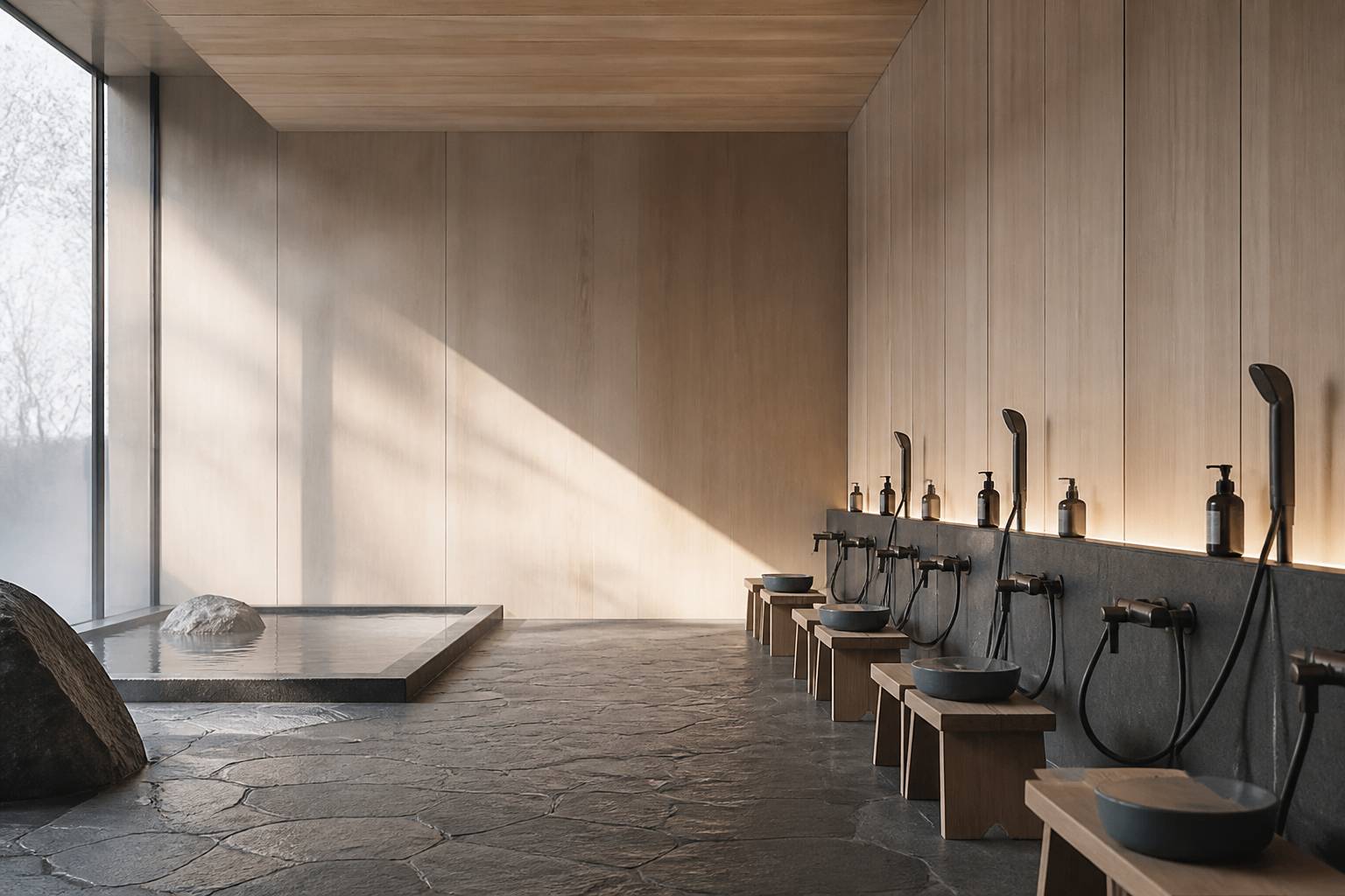 Intérieur de bain japonais avec robinets de douche, tabourets et bassin en bois