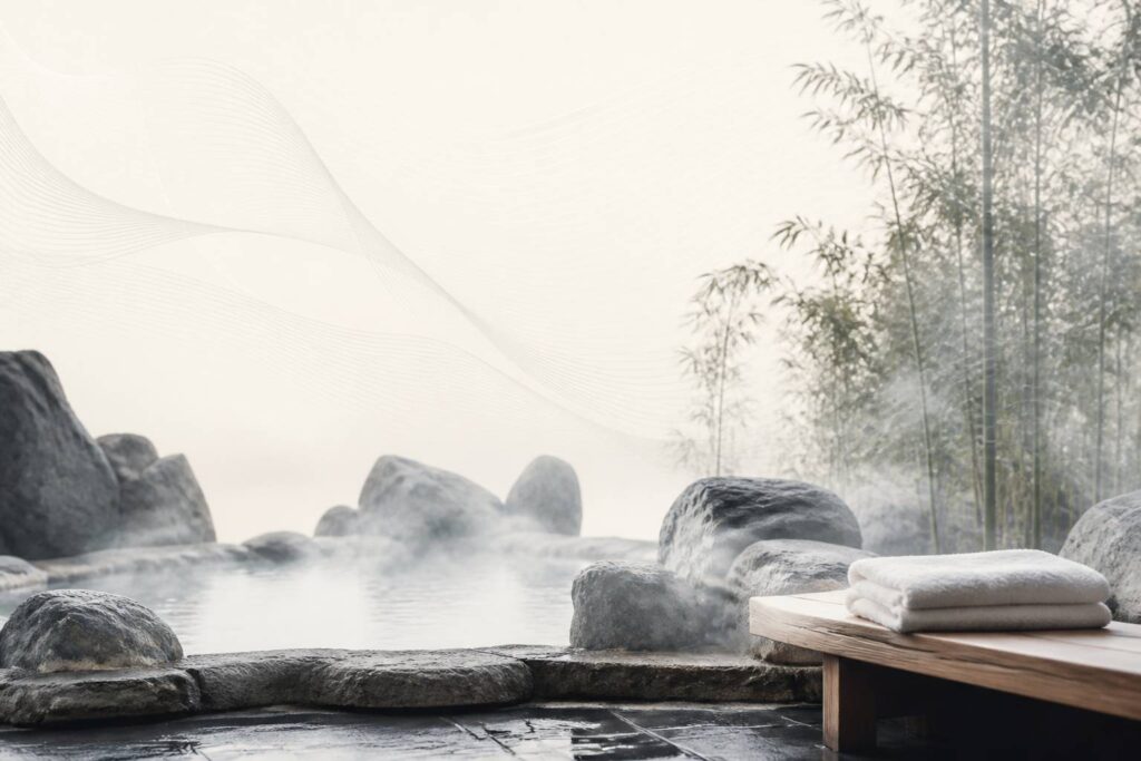 Bassin d'onsen en pierre avec vapeur douce dans un cadre japonais apaisant