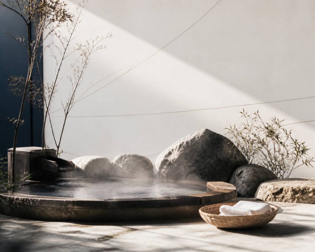 Bain thermal japonais en extérieur avec vapeur, rochers et bois, ambiance apaisante