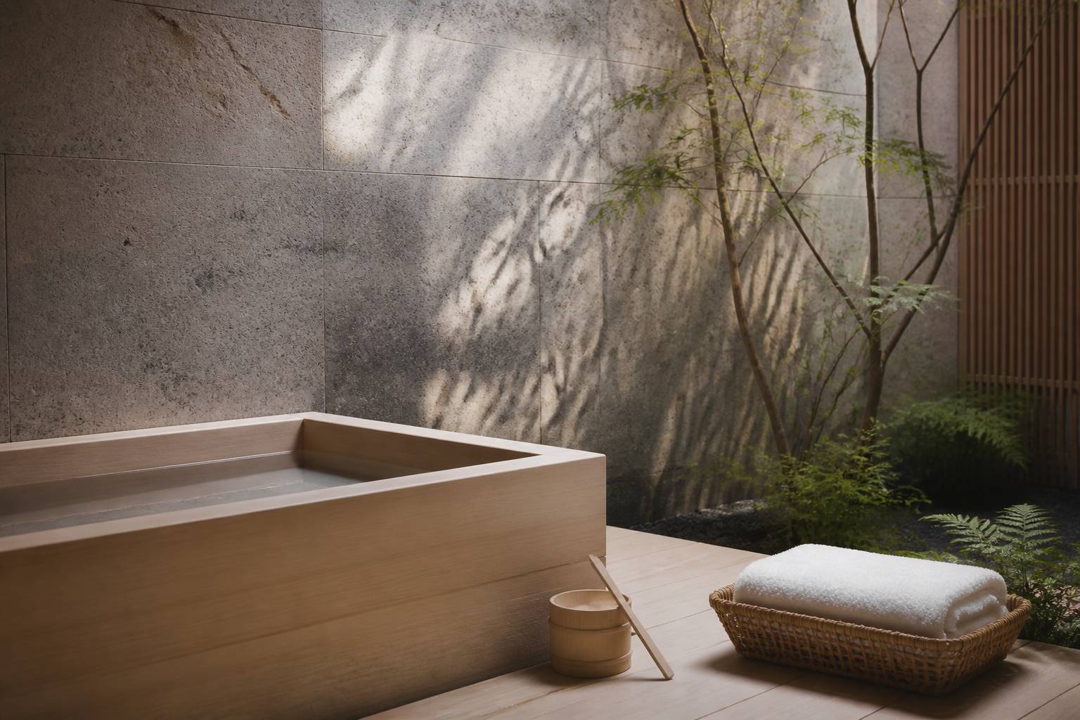 Serviette pliée et panier en bambou près d'un bain thermal privé en bois dans un cadre japonais