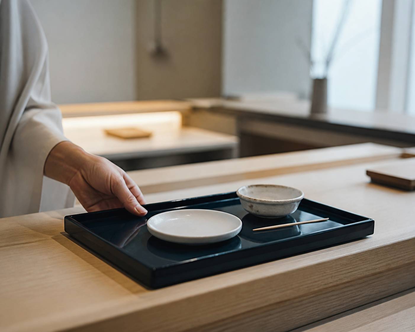 Plateau en bois laqué avec soucoupe posé sur un comptoir