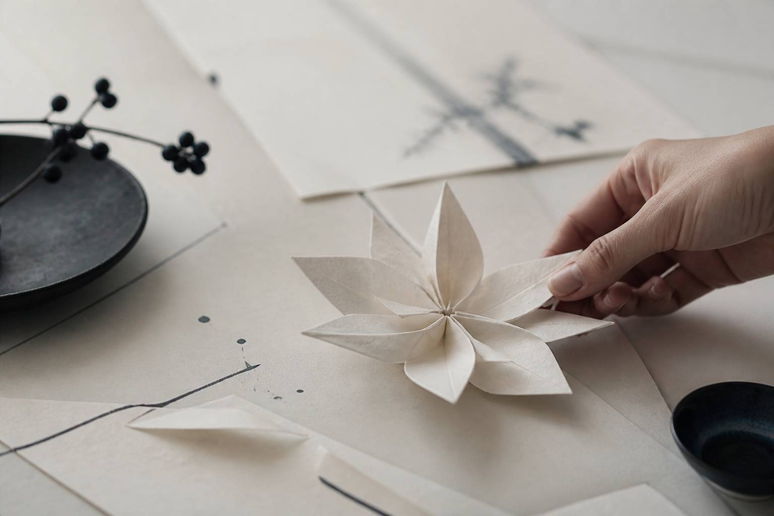 Main pliant une feuille de papier blanc en fleur d'origami sur une table claire