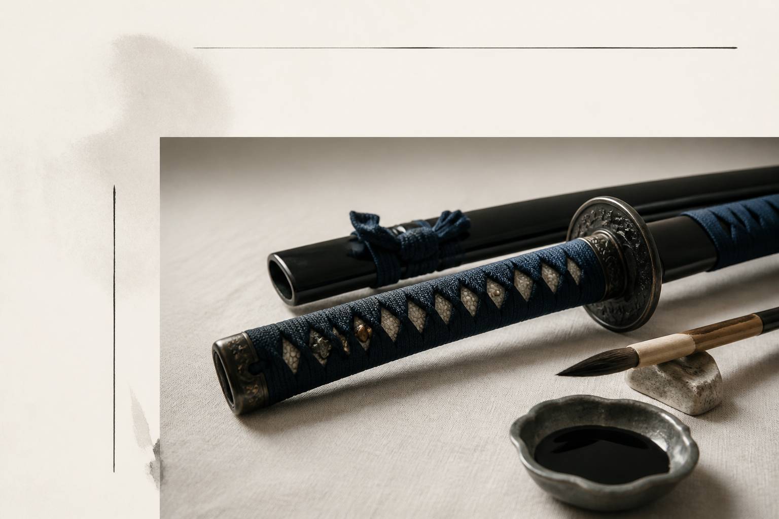 Poignée tressée de sabre japonais avec pinceau de calligraphie