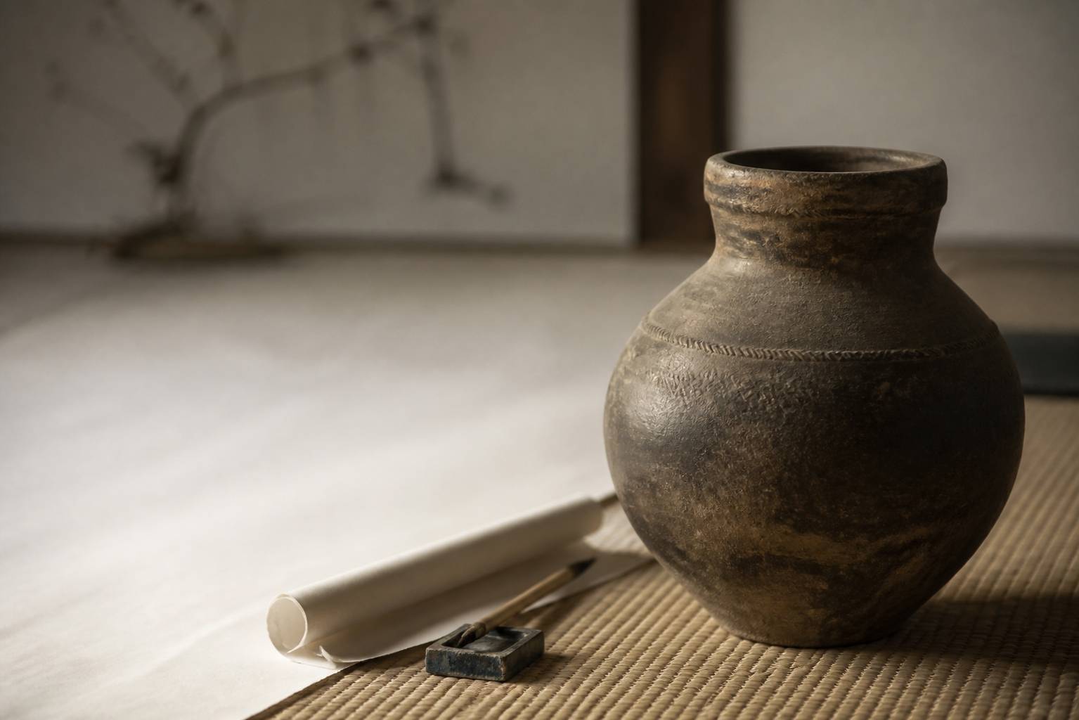 Pot ancien aux motifs de cordes sur une natte de paille
