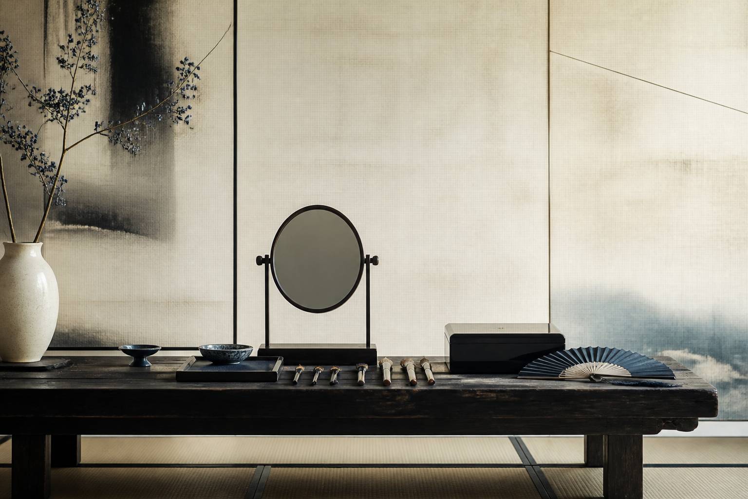 Miroir de maquillage traditionnel avec pinceaux et boîte laquée